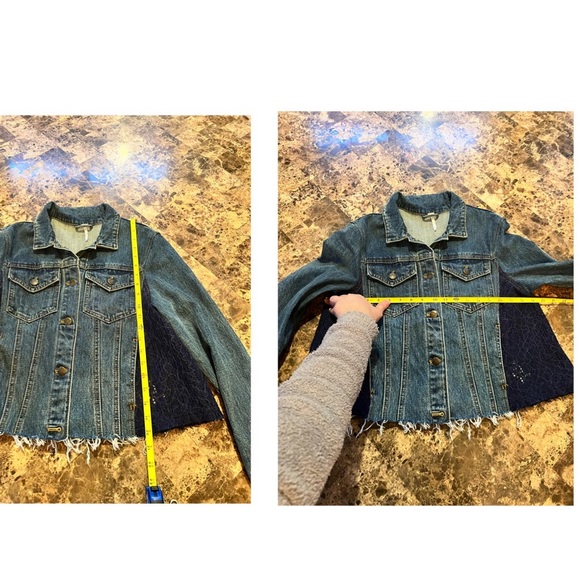 Free people Oversized Lace Paneled Denim Jacket Cropped Frayed Hem SZ Small Blue - Picture 14 of 15